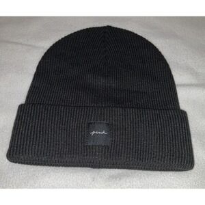 Victoria's Secret PINK Ribbed Beanie Warm‎ Hat Black White Logo OS Unisex